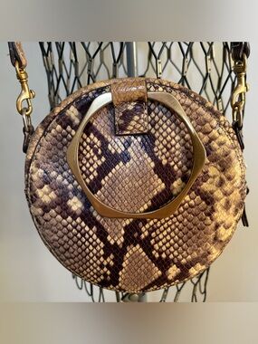 Thacker leather Round Snake-Print Crossbody Bag with Gold Ring Handle